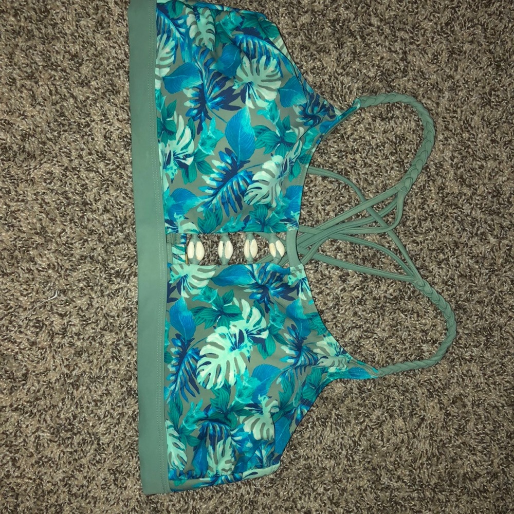 Green and blue tropical flower bikini top